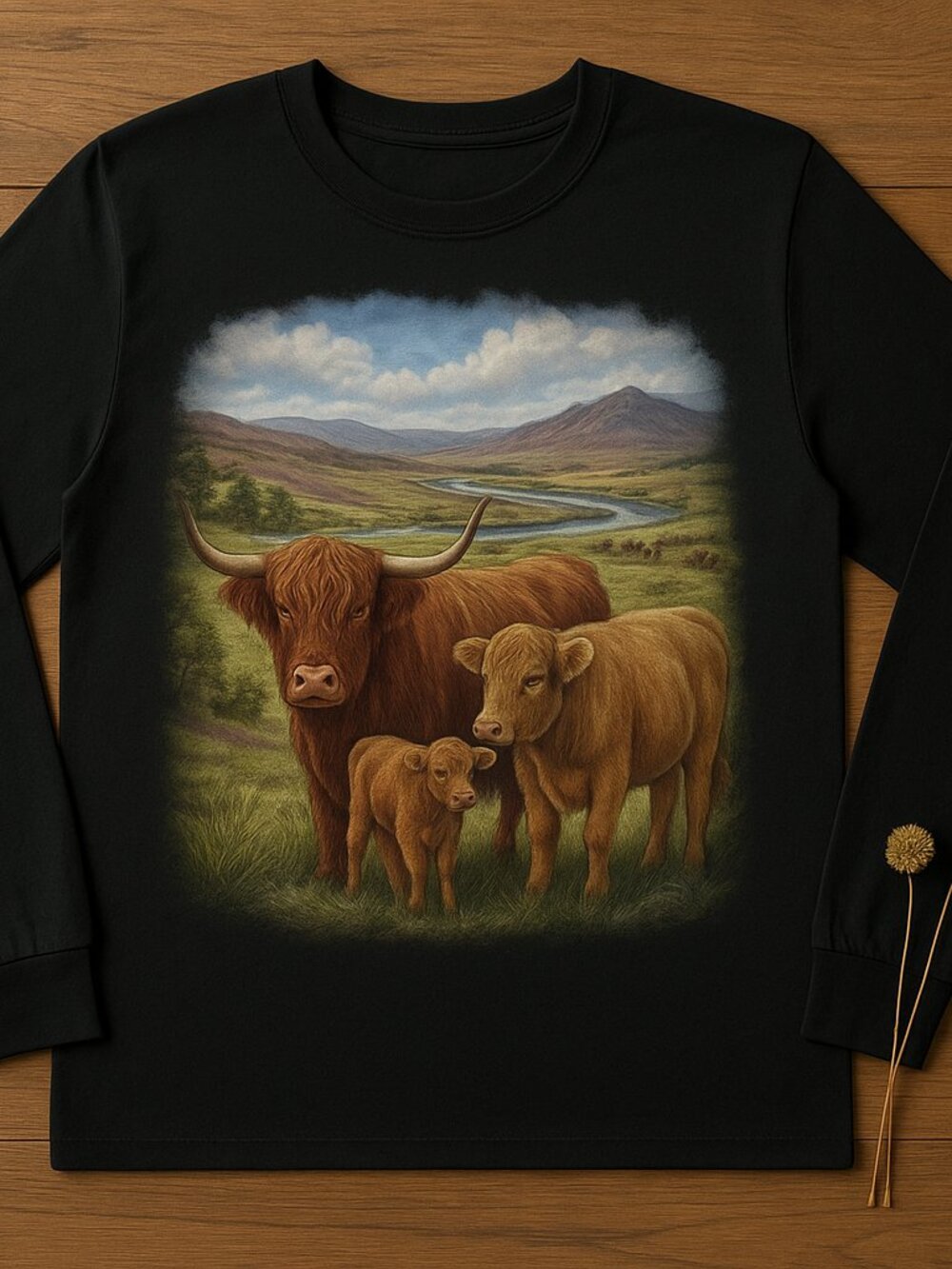 Highland Cattle Family Graphic Sweatshirt | Rustic Highland Cow Farm Landscape